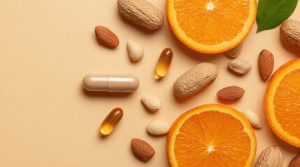 Fototapeta premium Various nuts, seeds, and vitamin capsules are placed alongside bright orange slices on a soft beige surface, promoting health and wellness through nutrition.
