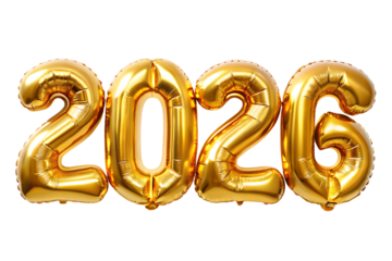 Golden 2026 Balloons Forming the New Year Number graphic design isolated on a transparent background