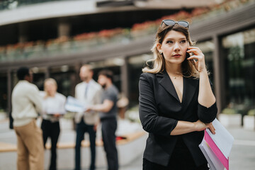 A determined businesswoman takes a call while colleagues discuss paperwork in the background, outdoors.
