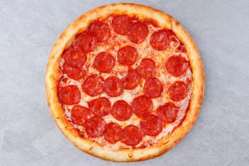 Classic Pepperoni Pizza with Melted Cheese and Golden Crust Top View