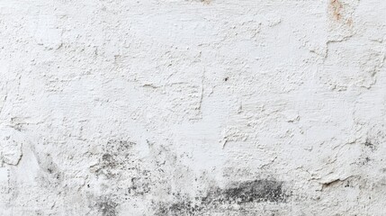 Fototapeta premium A textured white wall features dark stains and peeling paint, reflecting signs of age and wear. The uneven surface showcases a blend of colors and patterns, enhancing its rustic charm.