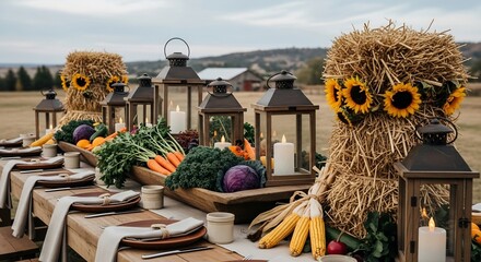 Outdoor Thanksgiving feast on farm. Rustic harvest table setting with candles, lanterns, hay bales & fall vegetables. Ideal for autumn celebrations, event decor, catering.