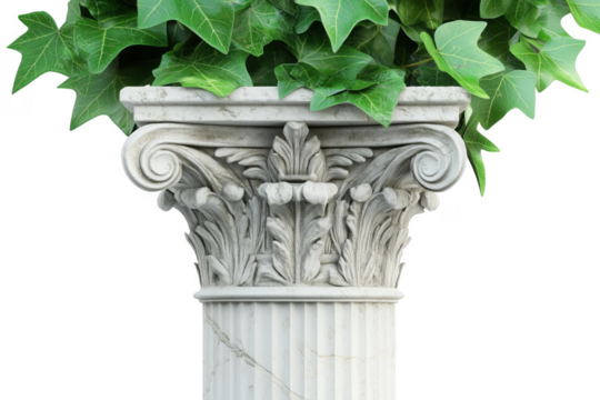 Elegant classical corinthian column capital adorned with vibrant green ivy leaves on transparent background - Powered by Adobe