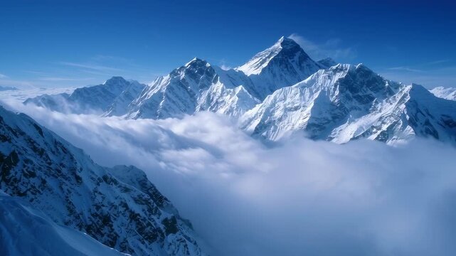 Mount everest summit rising above moving clouds