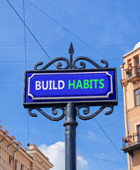 Fototapeta premium Build habits symbol. Concept word Build habits on beautiful blue road sign. Beautiful blue sky and buildings background. Business build habits concept. Copy space.