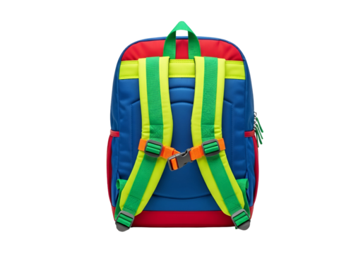 Vibrant, colorful backpack with bright straps and buckles, perfect for school or play.
