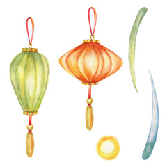 Two Chinese lanterns in red and green, firework elements and flash. Lantern festival, mid autumn. Watercolor illustration set. For tea party design, books and maps, greeting cards, clip art, stickers.
