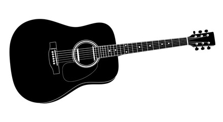 Black acoustic guitar illustration with strings, sound hole, and headstock isolated on a white background.