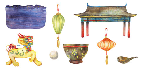 Chinese gate and lion, two traditional lanterns bowl and spoon, night landscape, Lantern festival, mid autumn. Watercolor set. For tea party design, books and maps, greeting cards, clip art, stickers