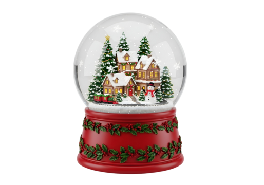 A charming Christmas snow globe showcases a picturesque winter village nestled within a transparent sphere.