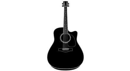 Naklejka premium Black acoustic guitar with a cutaway, strings, and tuning pegs, presented against a white background.