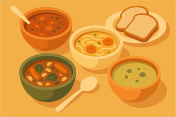 Delicious assorted soups and bread in warm tones