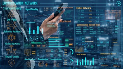 Data center monitoring dashboard visualize network performance, connection status, usage rate, and...