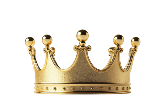 Elegant gold crown against a transparent background representing royalty power and success