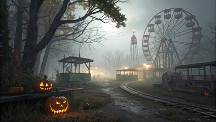 Spooky halloween night abandoned amusement park foggy atmosphere with jack-o-lanterns