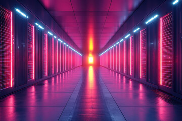 Rows of servers in a long corridor.