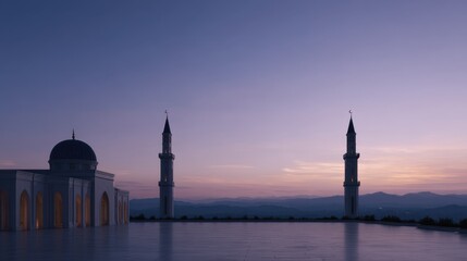 Serene Twilight View of Twin Minarets Reflecting on Marble Surface Beneath Veiled Silhouettes