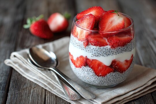 Chia seed pudding parfait layered with Greek yogurt and strawberry slices