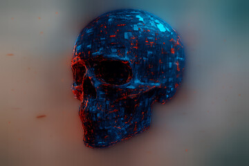 Dark surreal skull illustration with luminous digital effects representing futuristic concept art cyber theme and abstract creativity