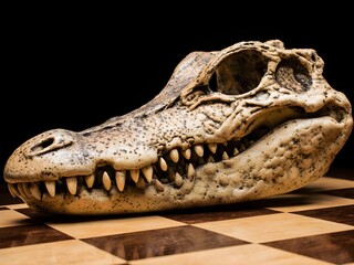Obraz premium crocodile skull on chess board with black background