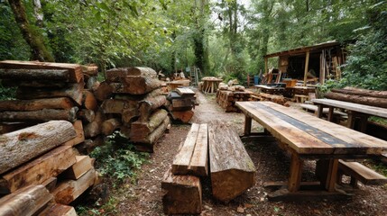 This woodworking area showcases logs and lumber neatly stacked around wooden tables amidst lush greenery in a tranquil forest, inviting creativity and craftsmanship.