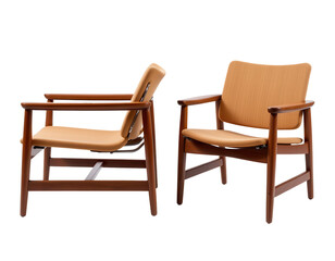 Fototapeta premium Stylish Modern Armchairs in Warm Wood Finish and Soft Fabric Seats