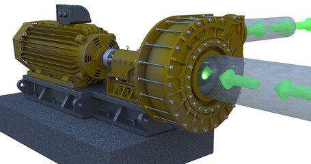 Centrifugal pump suction and discharge animation. Perfect for concepts related to industrial machinery, engineering, and energy systems website or magazine.