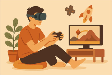 Gamer immersed in virtual reality adventure at home