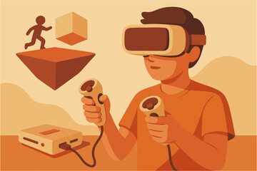 Immersive virtual gaming experience with vr headset and controllers in retro style