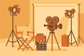 Obraz premium Retro film production setup with vintage camera and studio lights in warm tones