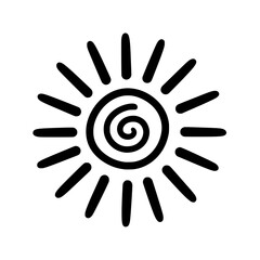 Fototapeta premium Black sun silhouette icon with spiral center and radiating rays isolated on white background ideal for summer designs and illustrations