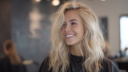 Fototapeta premium A woman with stylish blonde hair is smiling warmly while at a hair salon. She has just completed a makeover, showcasing her fresh look and confidence.