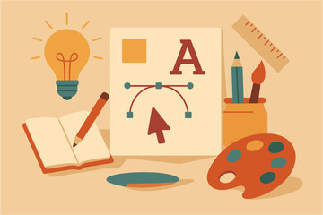 Creative design process with drawing tools and elements in flat style