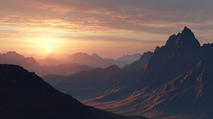 Expansive Mountain Landscape at Sunset with Vibrant Colors and Soft Clouds