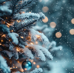 Snow-dusted Christmas tree branches with cool white fairy lights, icy blue and silver ornaments, frosty winter atmosphere, dreamy bokeh background