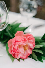 Beautiful pink peony flower placed on a table in a serene setting for a special event or gathering