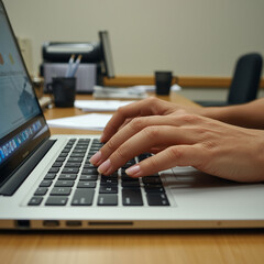 Writing report or article. Preparing documents. Closeup of hands typing on laptop computer keyboard. Writer working at desk in office.