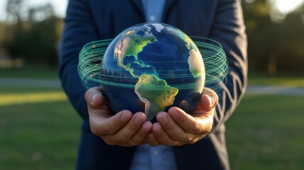 Businessman Holding a Glowing Earth with Digital Network Overlay