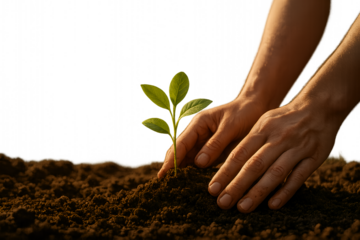 Hands planting a young green seedling in rich dark soil with bright background for growth concept