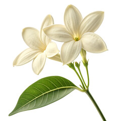 Obraz premium Delicate creamy white stephanotis flowers with green leaf and stem isolated on a transparent background