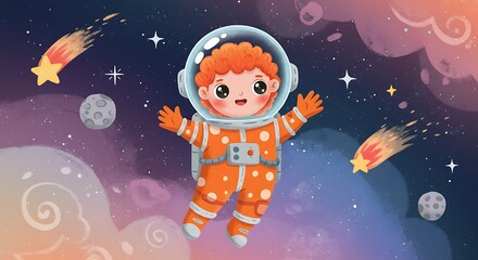 Fototapeta premium Illustration of a happy, cartoon astronaut with curly red hair floating in space among stars, planets, and colorful clouds.