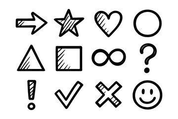 Hand-drawn icon set with geometric shapes and symbols
