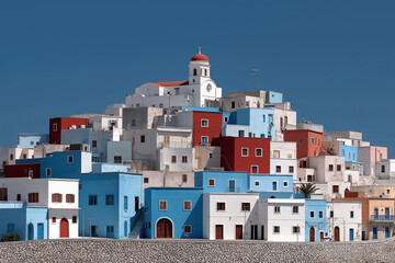 Colorful houses in symmetrical harmony on a greek island under clear sky