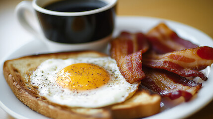 Breakfast with sunny-side-up egg, bacon, toast, and coffee on white plate.