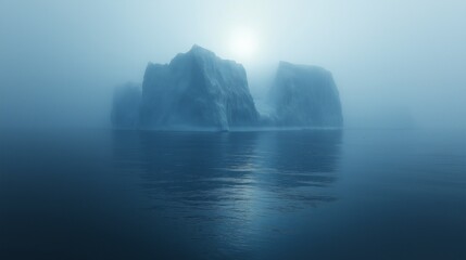 Large iceberg in fog with sunlight behind.