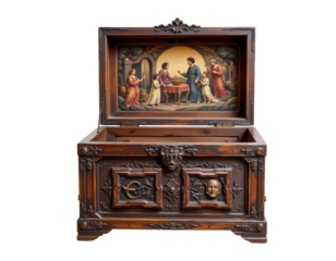 Vintage Ornate Chest with Artistic Lid and Intricate Design Elements