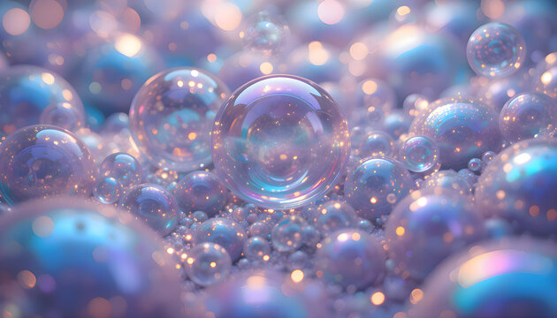 Macro photography showing a collection of floating bubbles in the air with shiny reflective surfaces and smooth transparent spherical forms