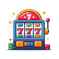 Colorful slot machine with three sevens and coins, vector illustration on transparent background  