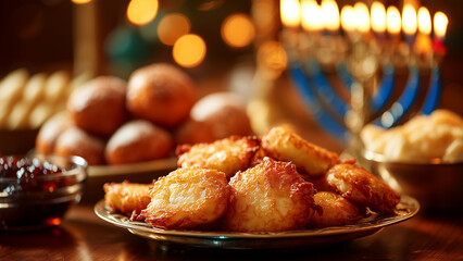 Hanukkah Traditional Food Celebration with Latkes and Sufganiyot