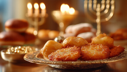 Hanukkah Traditional Food Celebration with Latkes and Sufganiyot